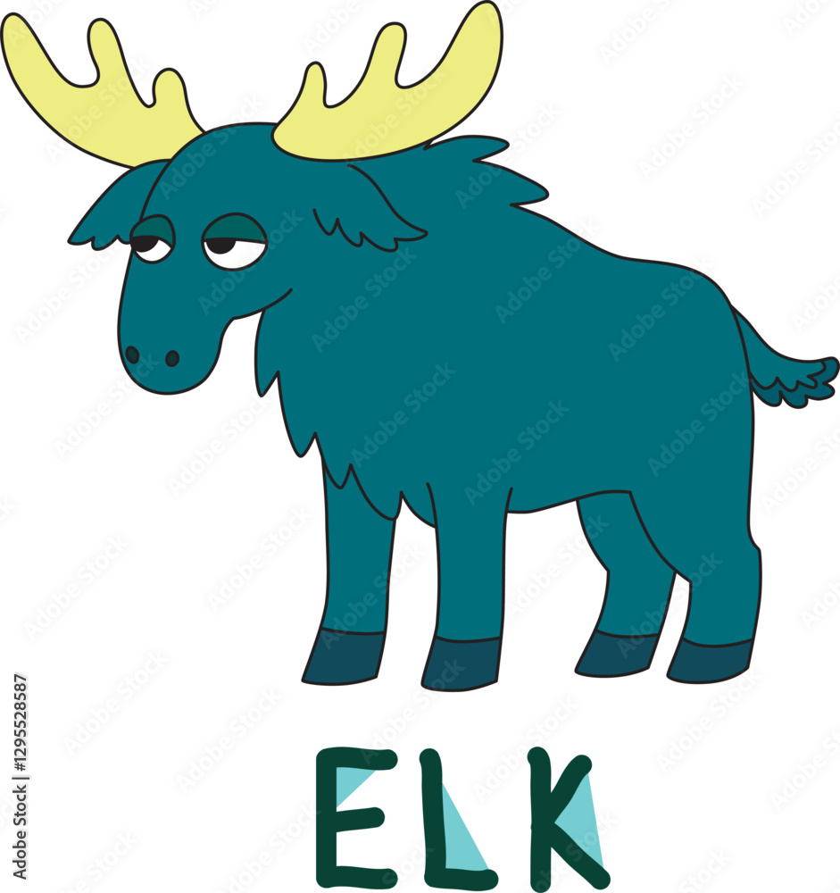 Fototapeta premium big thoughtful elk with antlers with colorful text below hand written
