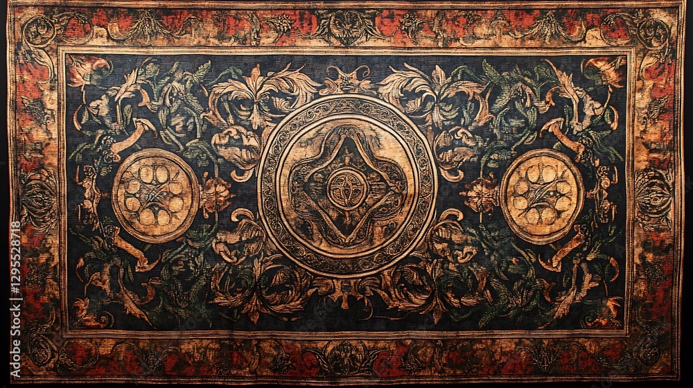 Handmade tapestry with intricate medieval designs worn textures Handmade tapestry with intricate medieval designs worn textures