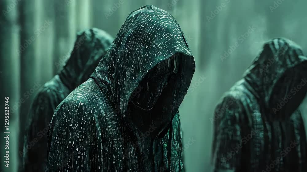  A sinister hooded group of hackers involved in cybercrime, cyberattacks, and system breaches, with malware in mind. Their faces are hidden, anonymous, set against a backdrop of digital binary code