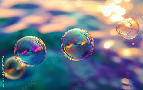 Vivid rainbow soap bubbles reflecting sky hues, floating mid-air.