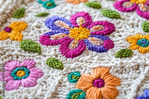 Colorful Floral Embroidery Design on Fabric with Bright Thread Work