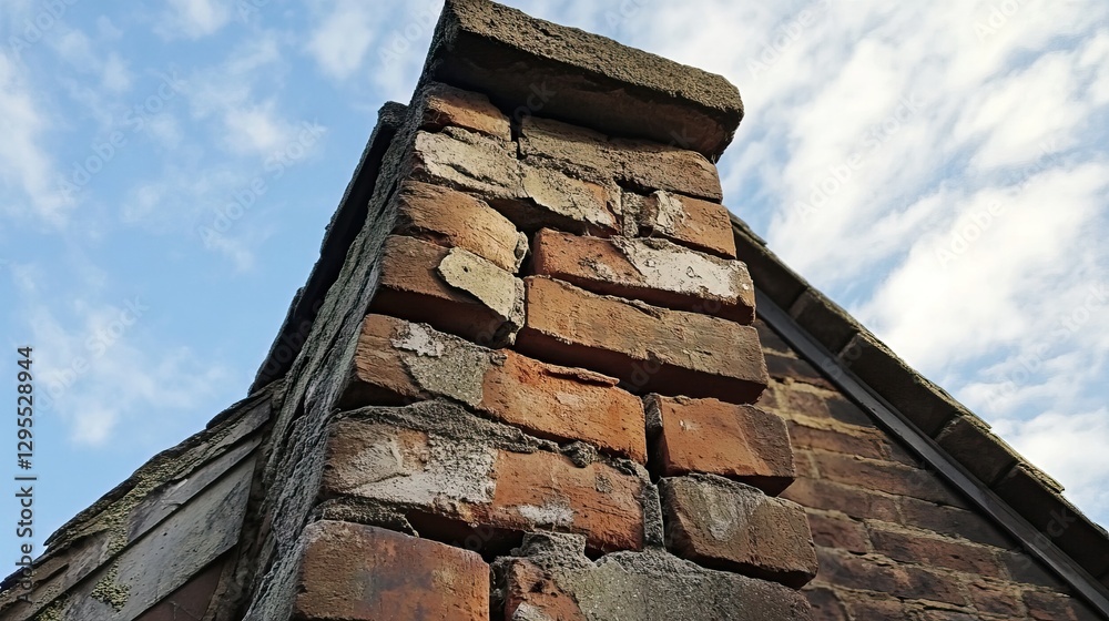 Naklejka premium Weathered Brick Chimney with Cracks Against Blue Sky