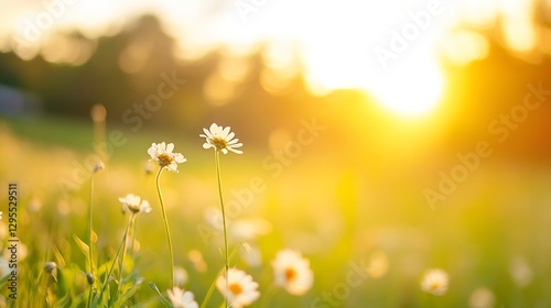 Beautiful sunlight illuminating vibrant flowers in a field during golden hour for a serene nature atmosphere : Generative AI