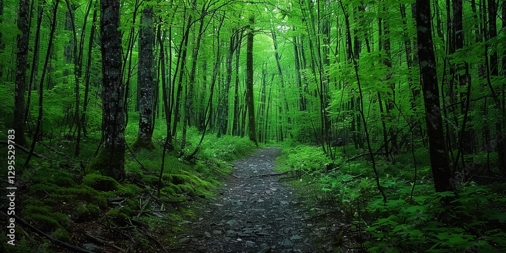 Obraz premium A lush green forest with a path leading through it. Anime background Minimalistic Photo 