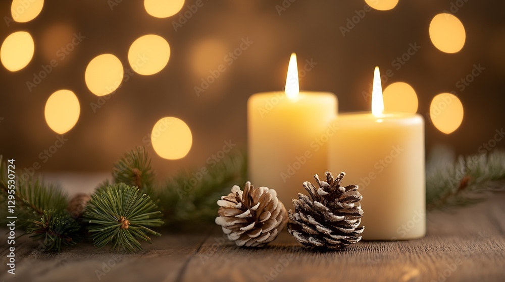 Beautiful glowing candles with pine cones on rustic table for festive holiday decoration : Generative AI Beautiful glowing candles with pine cones on rustic table for festive holiday decoration : Generative AI