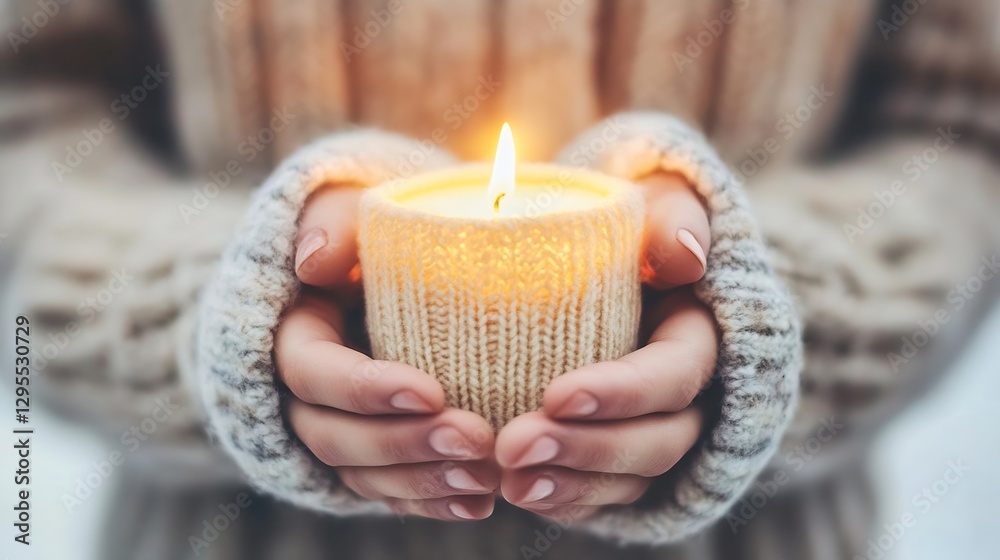 Warm Candle Held in Hands with Knitted Sweater During Winter Season : Generative AI Warm Candle Held in Hands with Knitted Sweater During Winter Season : Generative AI