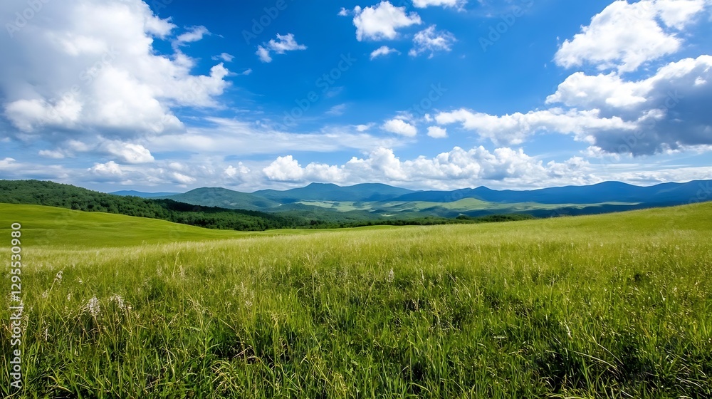 Expansive lush green landscape under a bright blue sky with fluffy white clouds : Generative AI Expansive lush green landscape under a bright blue sky with fluffy white clouds : Generative AI