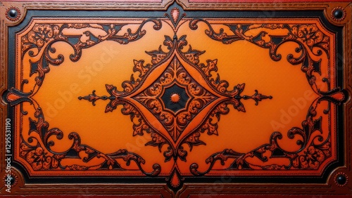 Ornate tooled leather design with intricate patterns and a central diamond motif.