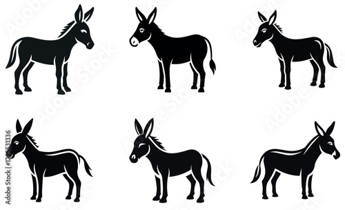 Simple, black silhouettes of donkeys, perfect for icons or illustrations.