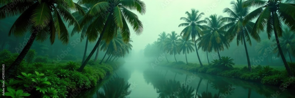 Swaying palm trees in misty Sunderbans forest, greenery, jungle Swaying palm trees in misty Sunderbans forest, greenery, jungle