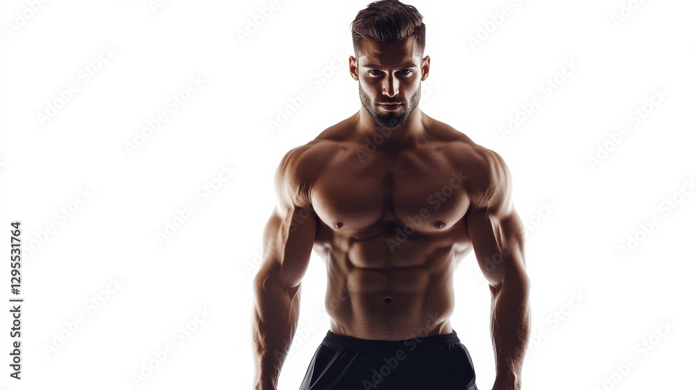 Handsome muscular man in fitness outfit isolated on bright white background with copy space Handsome muscular man in fitness outfit isolated on bright white background with copy space