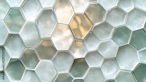 A translucent frosted glass background featuring interlocking hexagons, rendered in muted pastel colors like sage green, light gray, and ivory, with smooth lighting and glowing highlights,