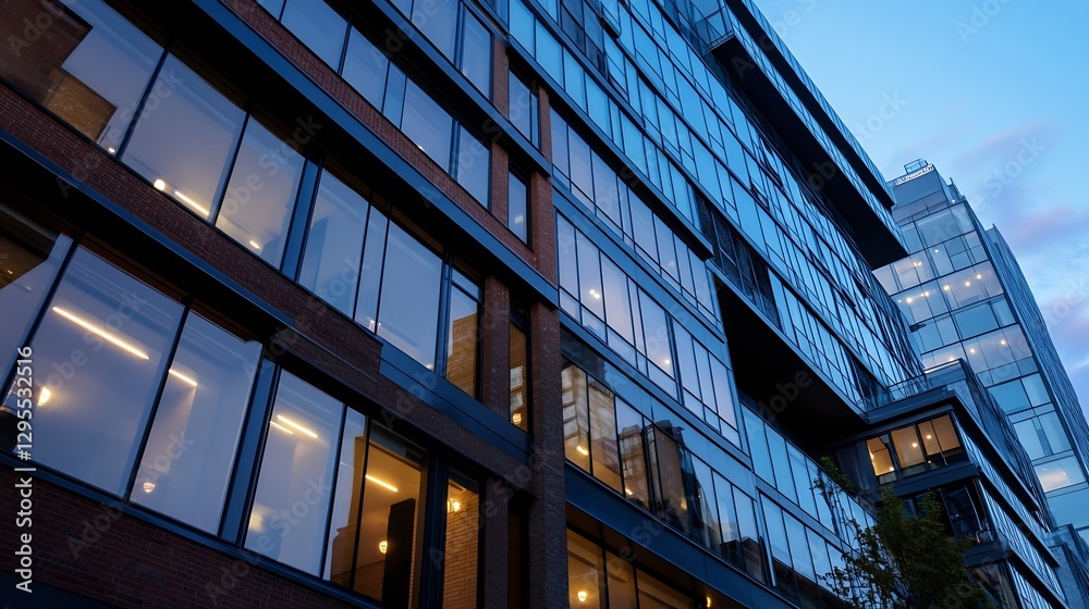Obraz premium Modern glass building exterior reflecting the sky with urban architecture and innovative design : Generative AI
