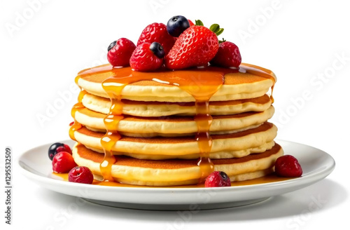 Stack of pancakes with fresh berries and maple syrup isolated on white background photo
