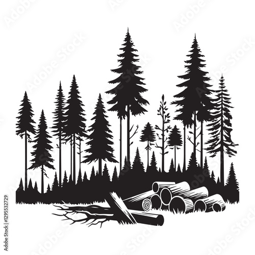Forest Silhouette Vector with Stacked Logs and Woodpile