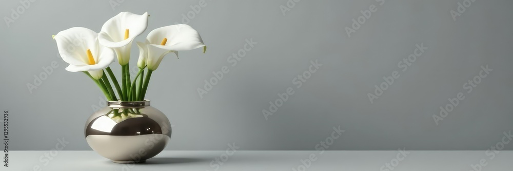 White calla lilies reflected in a shiny metallic vase against a muted grey background, abstract, whitescallalily