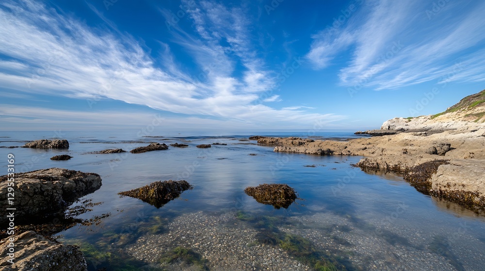 Stunning coastal view of tranquil waters and rocky shoreline beneath a brilliant blue sky : Generative AI Stunning coastal view of tranquil waters and rocky shoreline beneath a brilliant blue sky : Generative AI