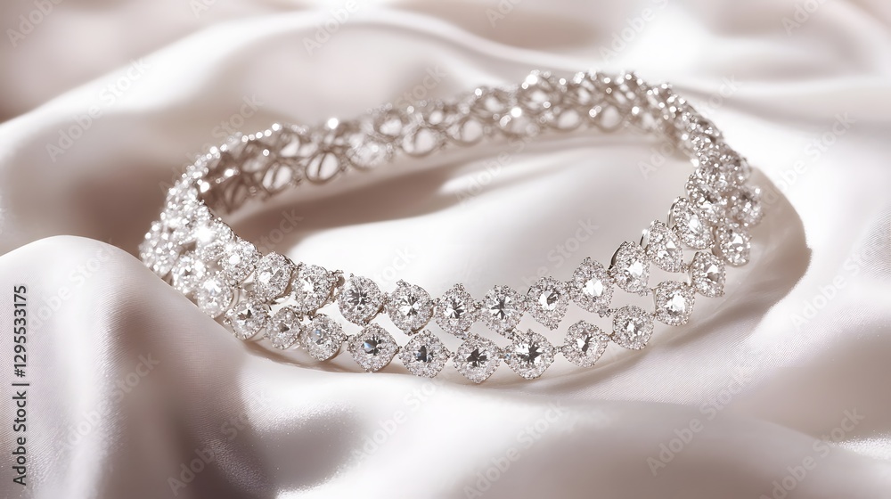 A diamond-studded choker necklace, displayed elegantly on a white velvet fabric, shimmering in soft light A diamond-studded choker necklace, displayed elegantly on a white velvet fabric, shimmering in soft light