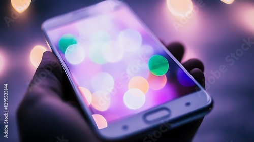 Wallpaper Mural A hand holding a smartphone with colorful glowing lights in the background Torontodigital.ca