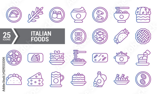 25 Italian Food Line Icons in Purple Gradient.