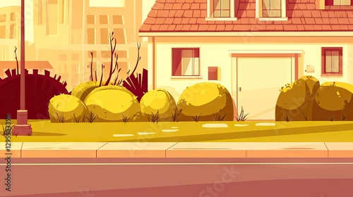 Suburban house, sunny street, city background, residential illustration photo