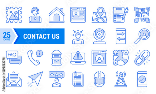 25 Blue Lineal Contact Us Icons for Website Design.