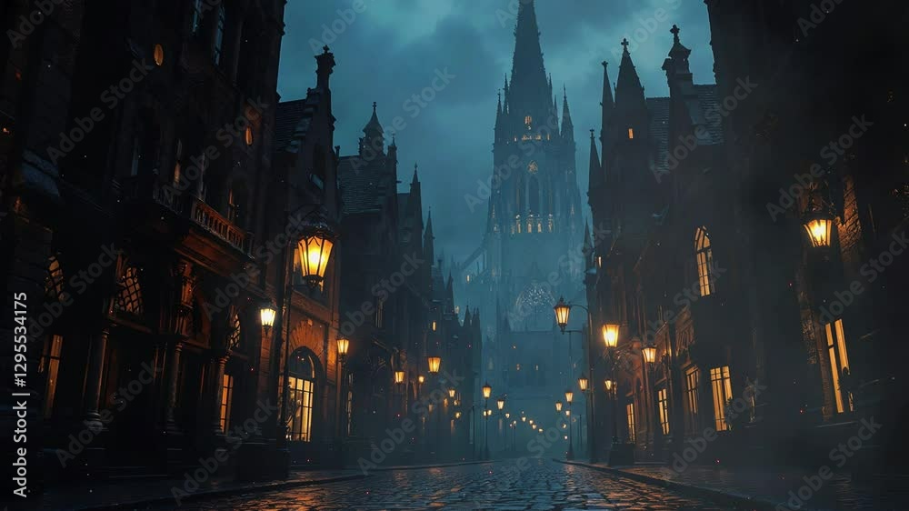 Enigmatic nighttime street scene with illuminated lanterns leading to a majestic castle in fog Enigmatic nighttime street scene with illuminated lanterns leading to a majestic castle in fog