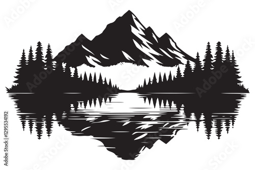 Mountain Lake Silhouette Vector Art Reflective Serene Landscape Design