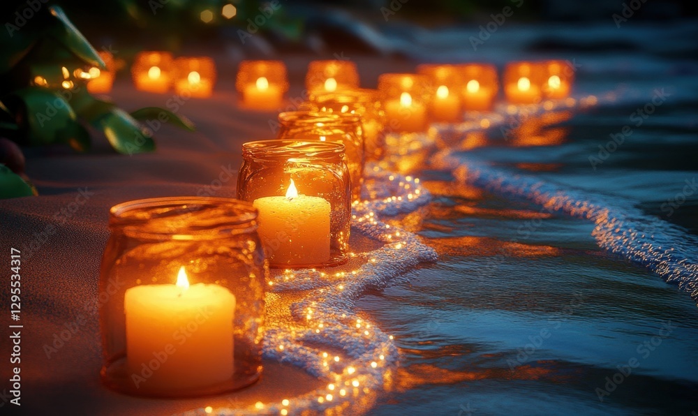 Candles in jars on a beach at dusk with gentle waves Candles in jars on a beach at dusk with gentle waves