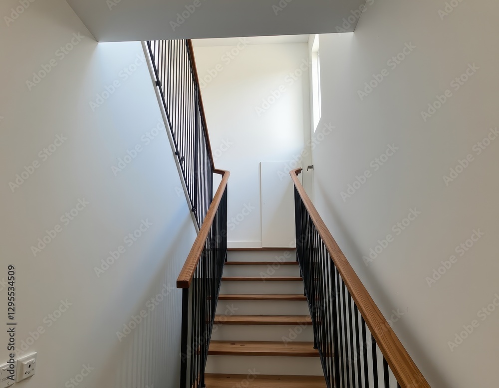 Obraz premium Modern staircase leading to the upper floor of a residential building with clean lines and natural light