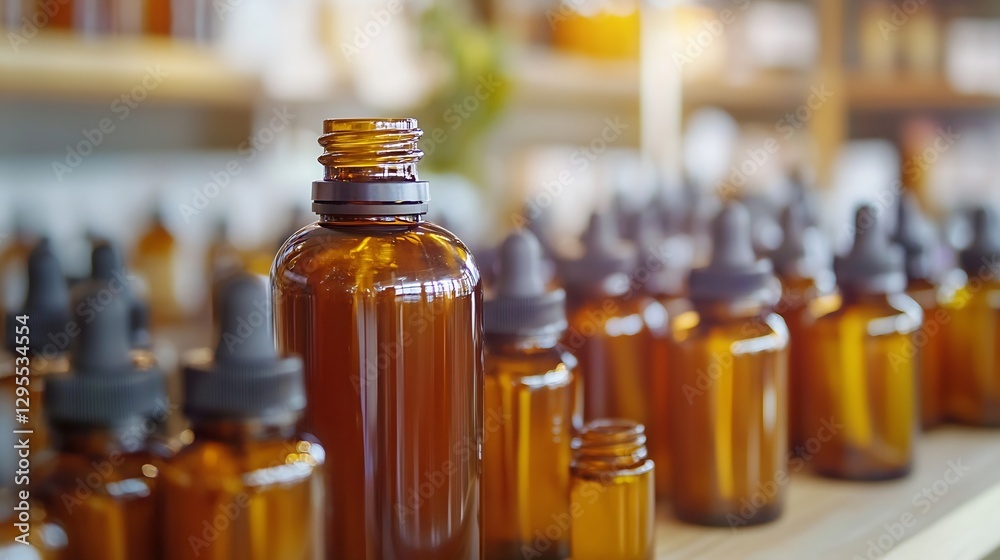 Collection of amber glass bottles for essential oils displayed on a wooden shelf : Generative AI Collection of amber glass bottles for essential oils displayed on a wooden shelf : Generative AI