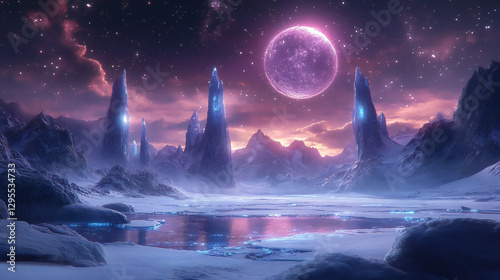 Icy Alien Worldscape with Towering Ice Spires, Frozen Lakes, and Otherworldly Skies Featuring Unfamiliar Constellations in a Futuristic Game Art Style photo