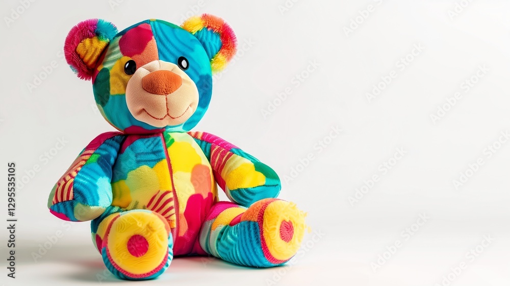 Naklejka premium A colorful, soft baby toy with plush fabric and vibrant details, placed on a clean white background, showcasing its texture and design in high definition.