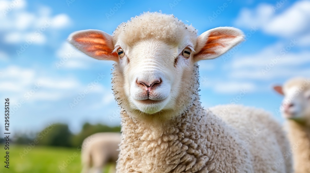 Adorable closeup of a fluffy sheep smiling in a beautiful green pasture under a clear sky : Generative AI Adorable closeup of a fluffy sheep smiling in a beautiful green pasture under a clear sky : Generative AI