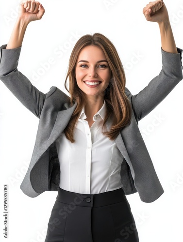 Successful business woman with arms up - isolated over a white background