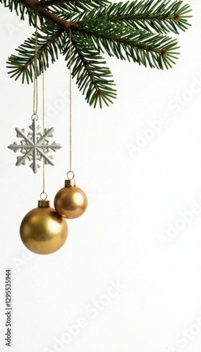 Snowflake and gold ornaments hanging from a branch isolated on white background , ornaments, isolated, decoration