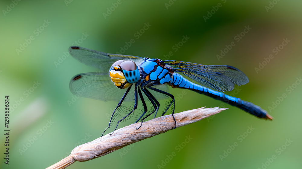 Macro Shot of a Blue Dragonfly Perched on a Reed Macro Shot of a Blue Dragonfly Perched on a Reed