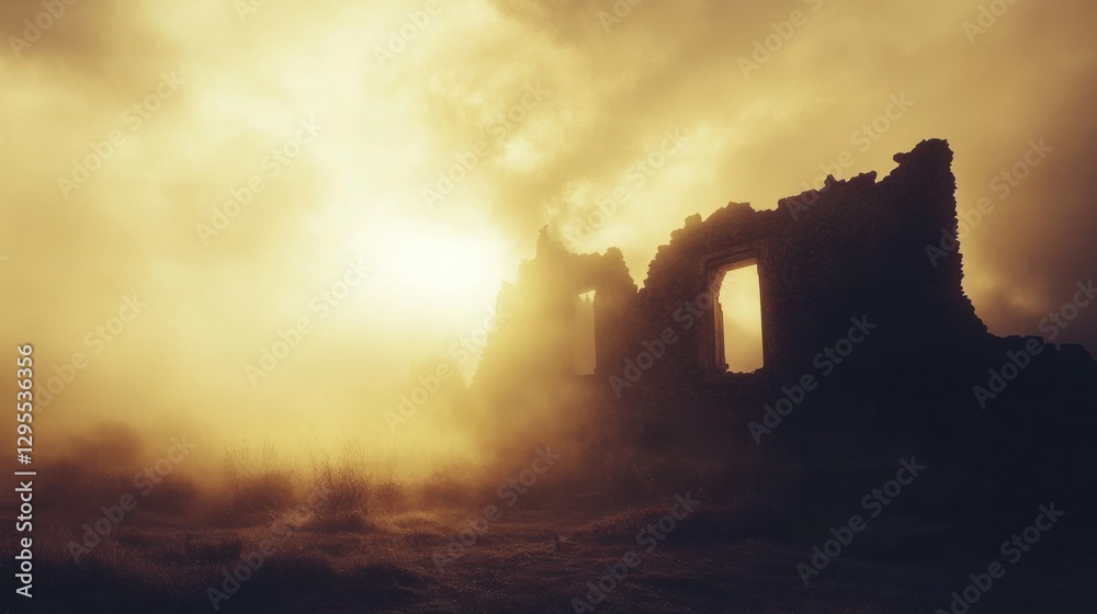 Fototapeta premium Ruins stand shrouded in mist with sunlight peeking through