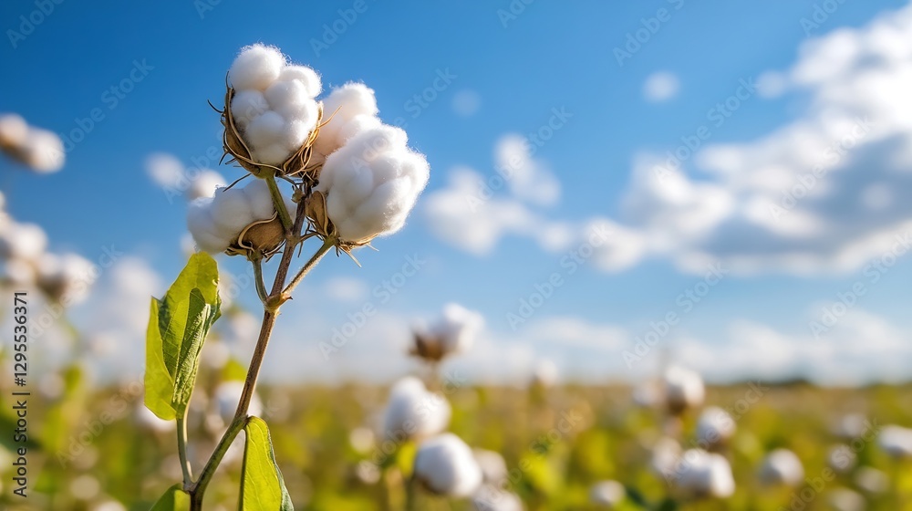 Beautiful cotton flowering in a sunny field under a clear blue sky with fluffy white clouds : Generative AI Beautiful cotton flowering in a sunny field under a clear blue sky with fluffy white clouds : Generative AI