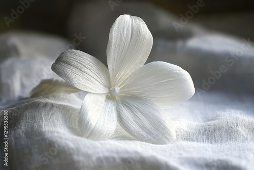 Delicate White Flower on Soft Fabric Background with Natural Light