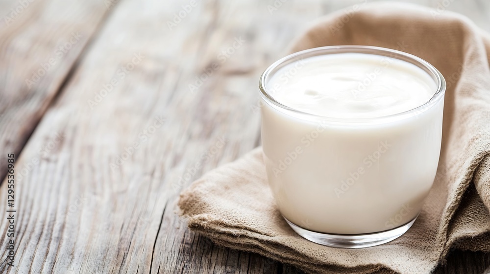 Creamy yogurt served in a clear glass container on rustic wooden table with linen napkin : Generative AI Creamy yogurt served in a clear glass container on rustic wooden table with linen napkin : Generative AI