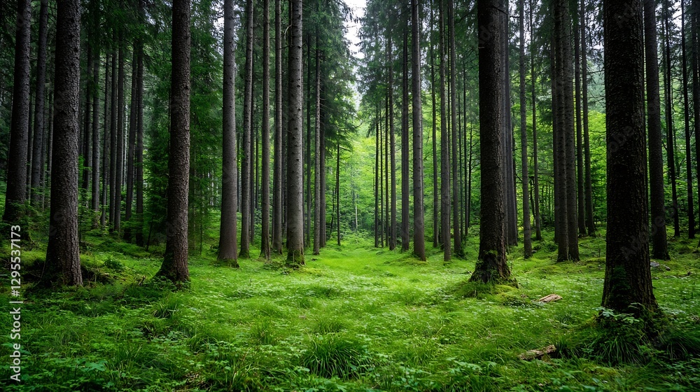 Serene forest landscape with tall trees and lush green vegetation in tranquil nature setting : Generative AI Serene forest landscape with tall trees and lush green vegetation in tranquil nature setting : Generative AI