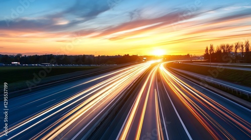 Dramatic sunset view capturing light trails from vehicles on a busy highway showcasing evening rush hour : Generative AI