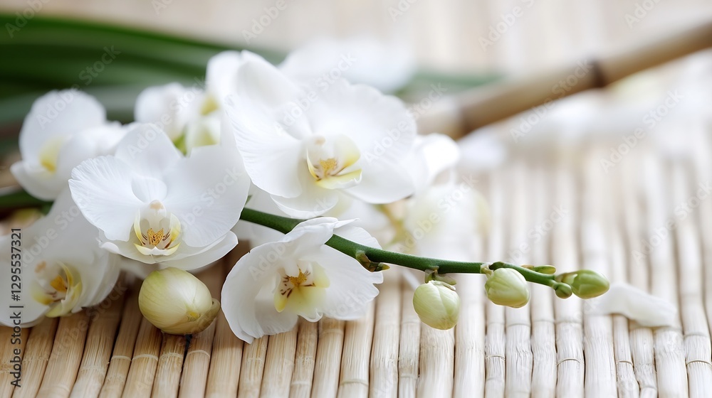 Delicate White Orchids Arranged on Natural Bamboo Mat with a Soft Focus Background : Generative AI Delicate White Orchids Arranged on Natural Bamboo Mat with a Soft Focus Background : Generative AI
