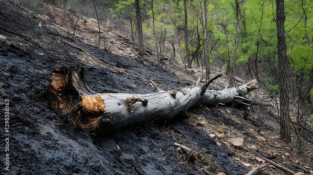 Burnt tree trunk on hillside after wildfire surrounded by charred earth and recovering vegetation : Generative AI Burnt tree trunk on hillside after wildfire surrounded by charred earth and recovering vegetation : Generative AI