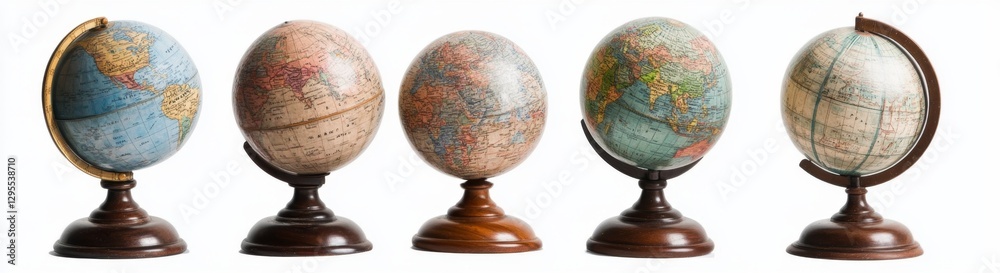 Antique globes on stands against white background Antique globes on stands against white background