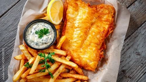 A traditional English fish and chips with golden fried fish, crispy fries, and a side of tartar sauce	
