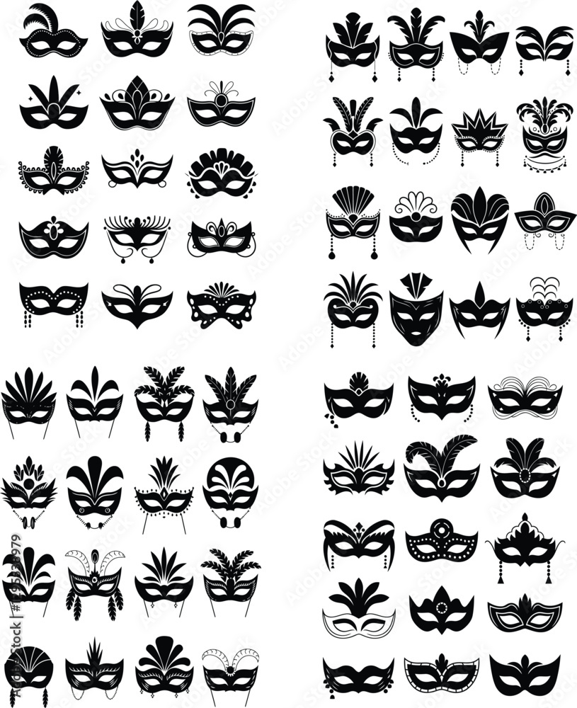 Collection of Elegant Masquerade Masks with Intricate Designs vector , mardi gras mask , silhouette , mask Collection of Elegant Masquerade Masks with Intricate Designs vector , mardi gras mask , silhouette , mask
