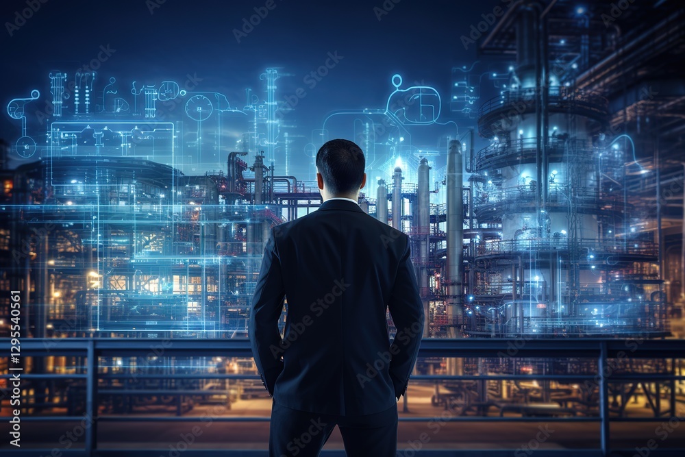 Engineer standing in front of oil and gas plant in blue neon lighting. Designing intelligent production facilities. Sustainable energy management. Unique industrial technologies. Engineer standing in front of oil and gas plant in blue neon lighting. Designing intelligent production facilities. Sustainable energy management. Unique industrial technologies.