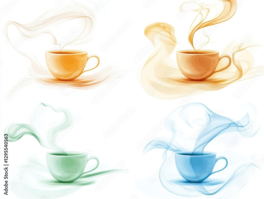 Obraz premium Steaming cups of coffee, a minimalist aromatic bliss on white background four